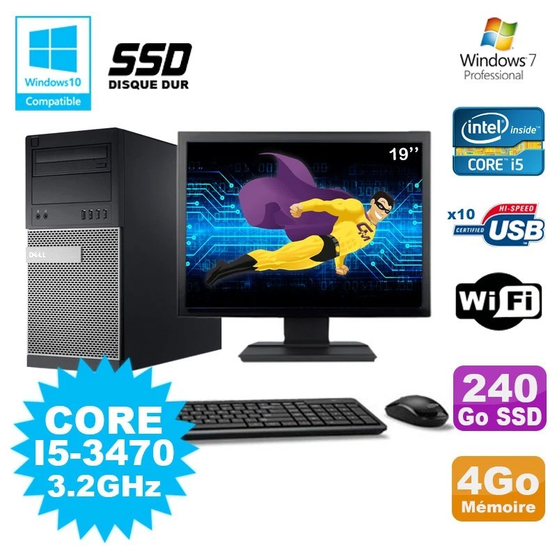Lot PC Tour Dell 790 I5-3470 3.2Ghz 4Go 240Go SSD DVD WIFI Win 7 + Ecran 19" - Photo 1/1