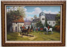 Edward Fox Original Oil painting Hunting Party outside a Chateau