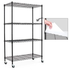 Black 4-Tier Rolling Carbon Steel Wire Garage Storage Shelving Unit with Casters