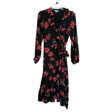 Draper James RSVP Size Small Black Red Floral Long Sleeve Ruffle Midi Wrap Dress
