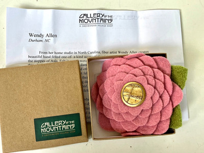 Large 4.5'' Handmade Felted Wood Flower Brooch Pin, new in box, with note