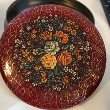 Vtg Metal Tin Canister Made in England; Designed by Daher Deep Red Gold Floral