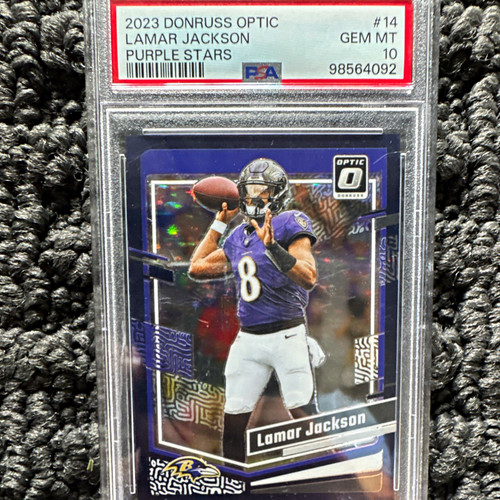 2023 Panini Donruss Optic Lamar Jackson #14 Purple Stars Prizm /15 PSA 10