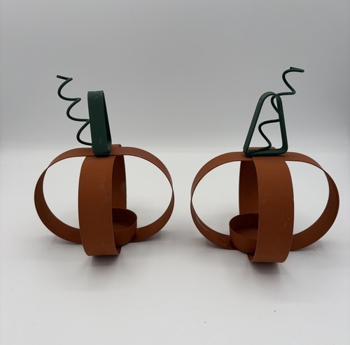 Primitive Bent Metal Pumpkin Curly Stem Fall Tea Light Candle Holders 6" 2