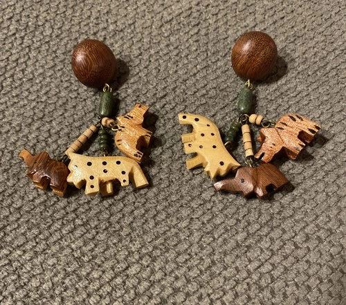 Vintage Wooden African Animals Earrings Pierced
