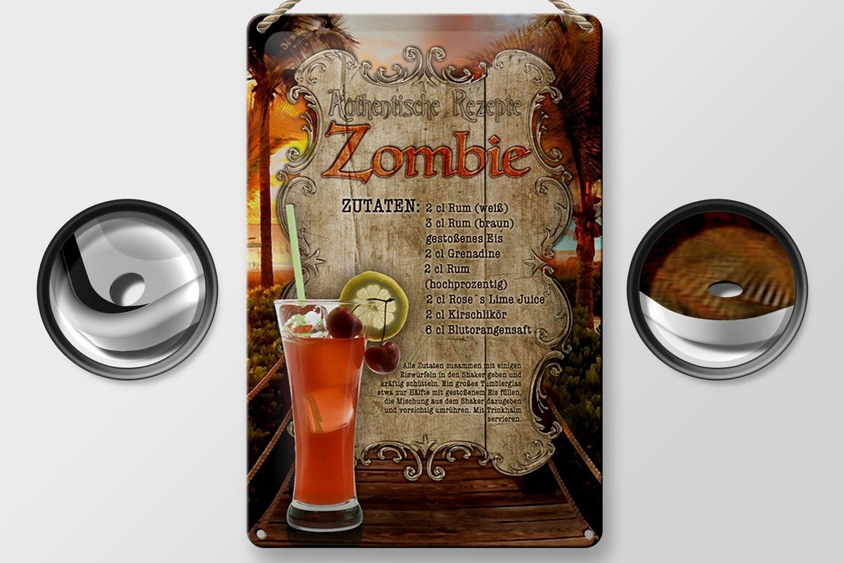 Retro Blechschild „Zombie Rum Cocktail Rezept“ – 20x30 Cm, Vintage Design – Witzige Deko Für Bar, Küche, Geschenk