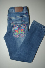 Vigoss Girls Skinny Embroidered Colorful Flower Blue Denim Jeans Sz 4