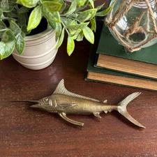 8-3/4" Swordfish Paperweight Figurine, Antiqued Brass