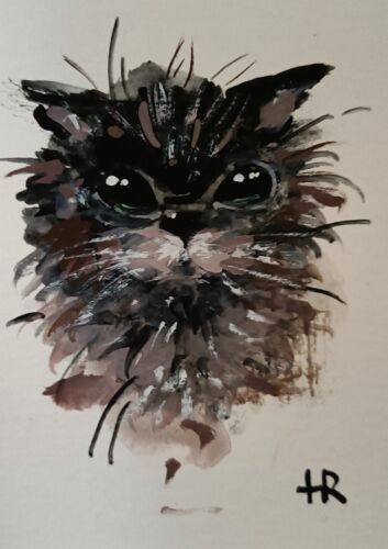 ACEO Tetiana Original Cat Ink Watercolor Painting 2.5x3.5” Collection Design  - Picture 1 of 1