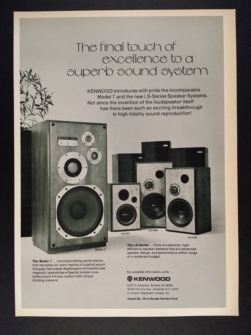 1975 Kenwood Model 7 & LS-Series Speaker Systems vintage print Ad