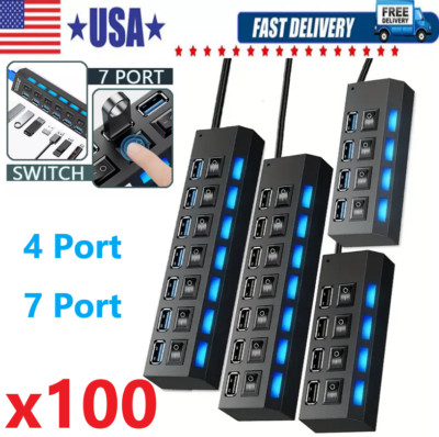 USB Hub 7 Port On/Off Switch High Speed Splitter AC Adapter Cable PC Laptop Lot