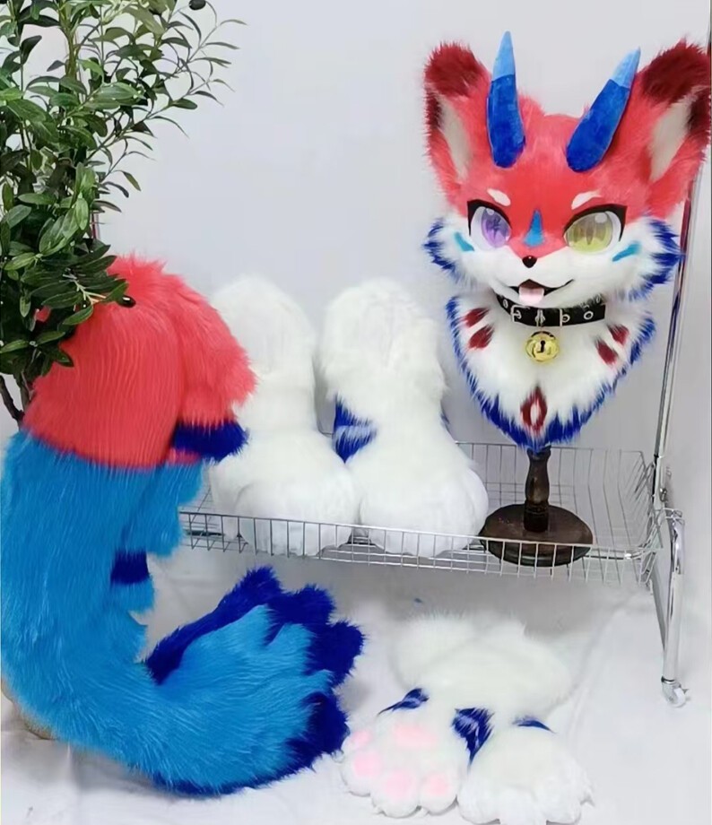 Mascotte Fursuit Husky Fox (tête + pattes) Halloween Party Fourrure