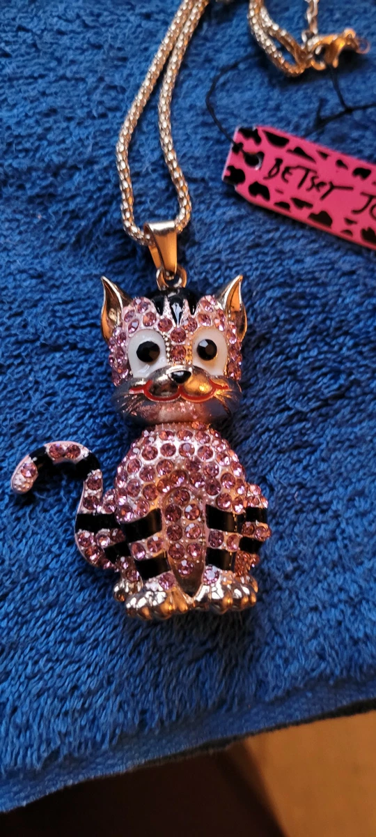New Betsey Johnson Necklace Cat Pink Rhinestone Black Collectible Decorative