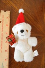 VINTAGE 6" RUSS BERRIE WHITE BEAR WITH SANTA HAT PRESENT 4916