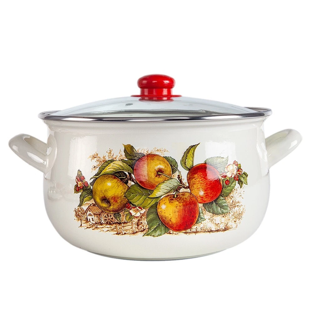 APPLES Enamelware Stockpot with Glass Lids Enameled Cooking Pot 2.2 qt