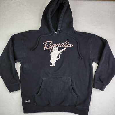 RIPNDIP Pullover Hoodie Mens Size Large Black Nermal Cat Graphic Sweatshirt