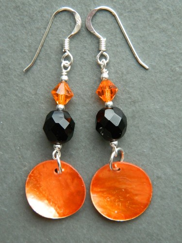 Metallic Orange MoP Shell Discs, French Jet, Crystal & Sterling Silver Earrings - Picture 14 of 14