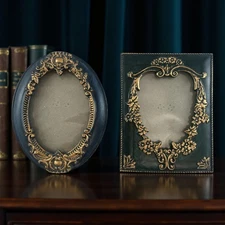 LOT OF 2 Ornate Mini 2x3 Picture Frames Blue Green Gold Accent Wallet Size Goth