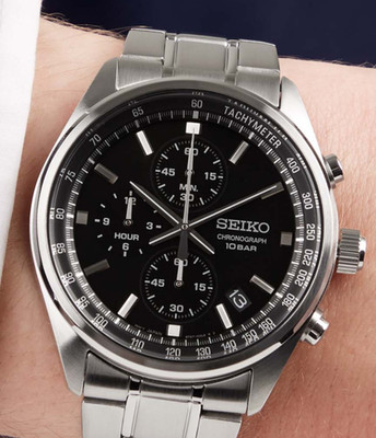 Seiko Quarz Chronograph schwarzes Zifferblatt Stahlarmband Herrenuhr SSB379