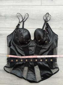 Ann Summers Black Wet Look & Sheer Mesh Strappy Stars Corset Top Size Mdm 10-12
