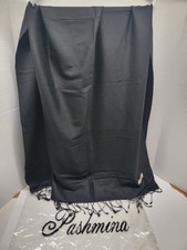 Black Pashmina Shawl Wrap Scarf Fringe 60"x26" Solid Pattern Silky Soft Preowned