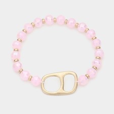 2-in-1 White and Pink Faceted Beaded Stretch Bracelet Set with Gold Accent
