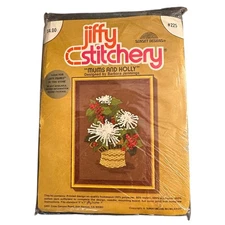 Jiffy Stitchery Vintage 1978 Crewel Embroidery • Mums and Holly, 5"x7"