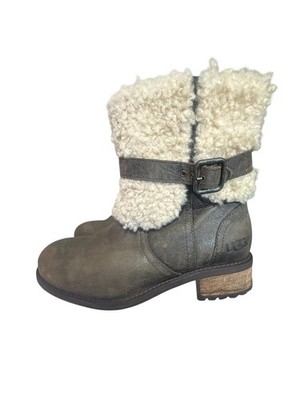 UGG Blayre Winter Ankle Boots Womens Size 6 Dark Olive Leather Sheepskin Cuff