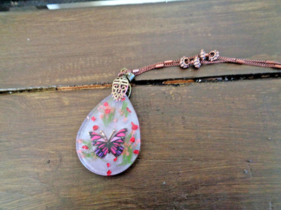 Artisan crafted, 2 ¼'' resin pendant butterfly and flowers on 20  copper chain, l