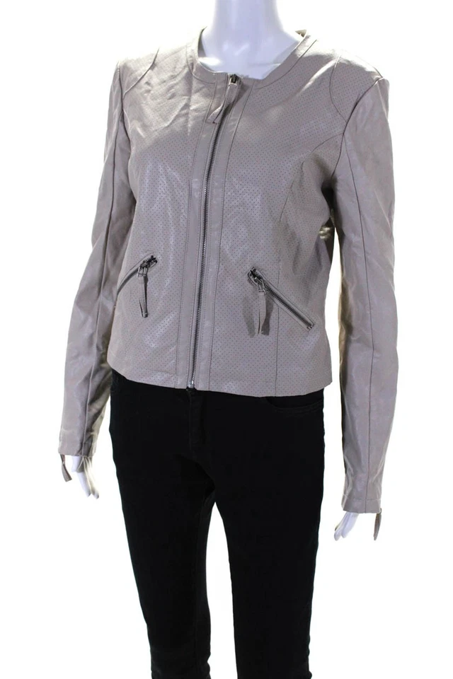 Chaqueta Bagatelle Mujer Piel Sintética Perforada Cremallera Completa Beige Talla Pequeña Foto 2 de 4