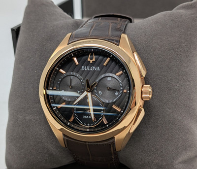 Bulova 97A124 CURV Chronograph Gold Tone Brown Leather Box
