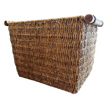 Natural Woven Storage Basket With Wood Handles Wire Reinforced16  wx10.5  t x10  d