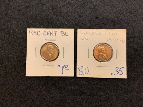 LINCOLN WHEAT CENT 1950-P + 1950-D BRILLIANT UNCIRCULATED NATURAL BRIGHT ORANGE