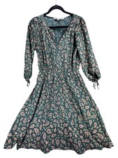 Collective Concepts Paisley Dress Women’s Green Boho Midi Lined V-neck Size Med