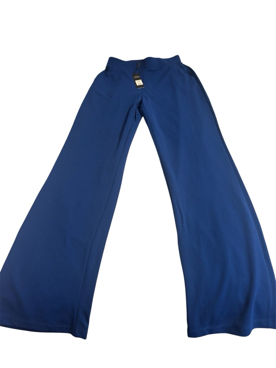blue high waisted dress pants Blue Wide-Leg High-Rise Elastic Waist Dress Pants for Women
