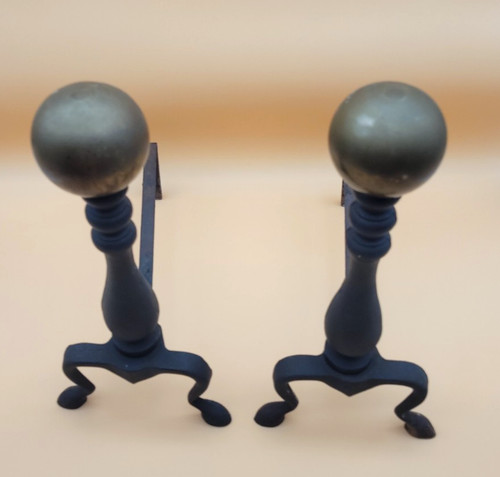 Pair Antique Cannonball Style Andirons Cast Iron Ball Tops Claw Feet