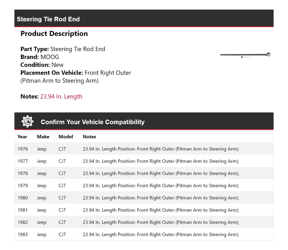 Extremo de varilla de dirección para Jeep CJ7 1976-1983 MOOG 1976 1977 1978 1979 1980 1981 Foto 2 de 4