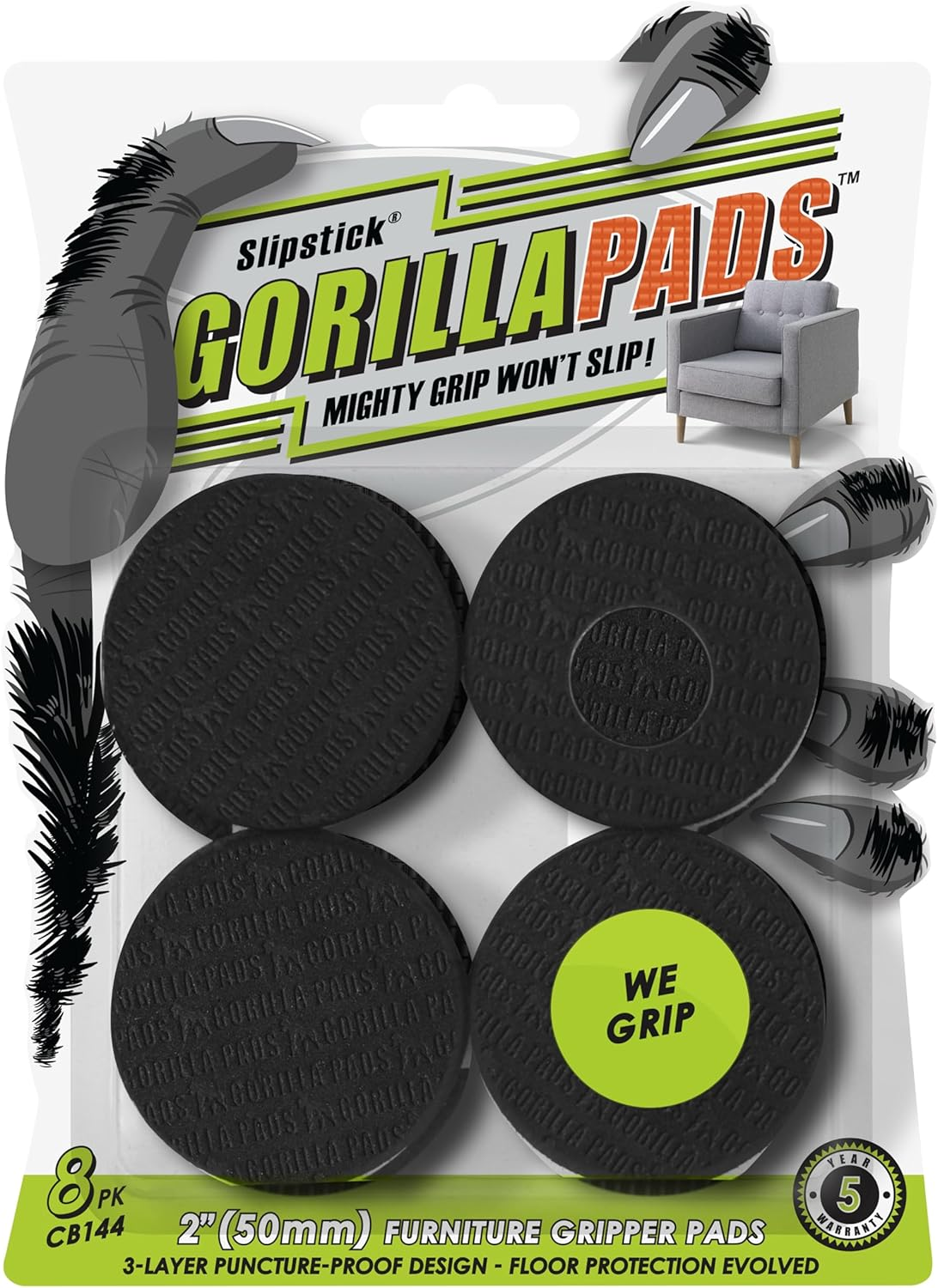Gorillapads CB144 Non-Slip Furniture Pads/Grippers (Set of 8), 2 Inch Round, Bla