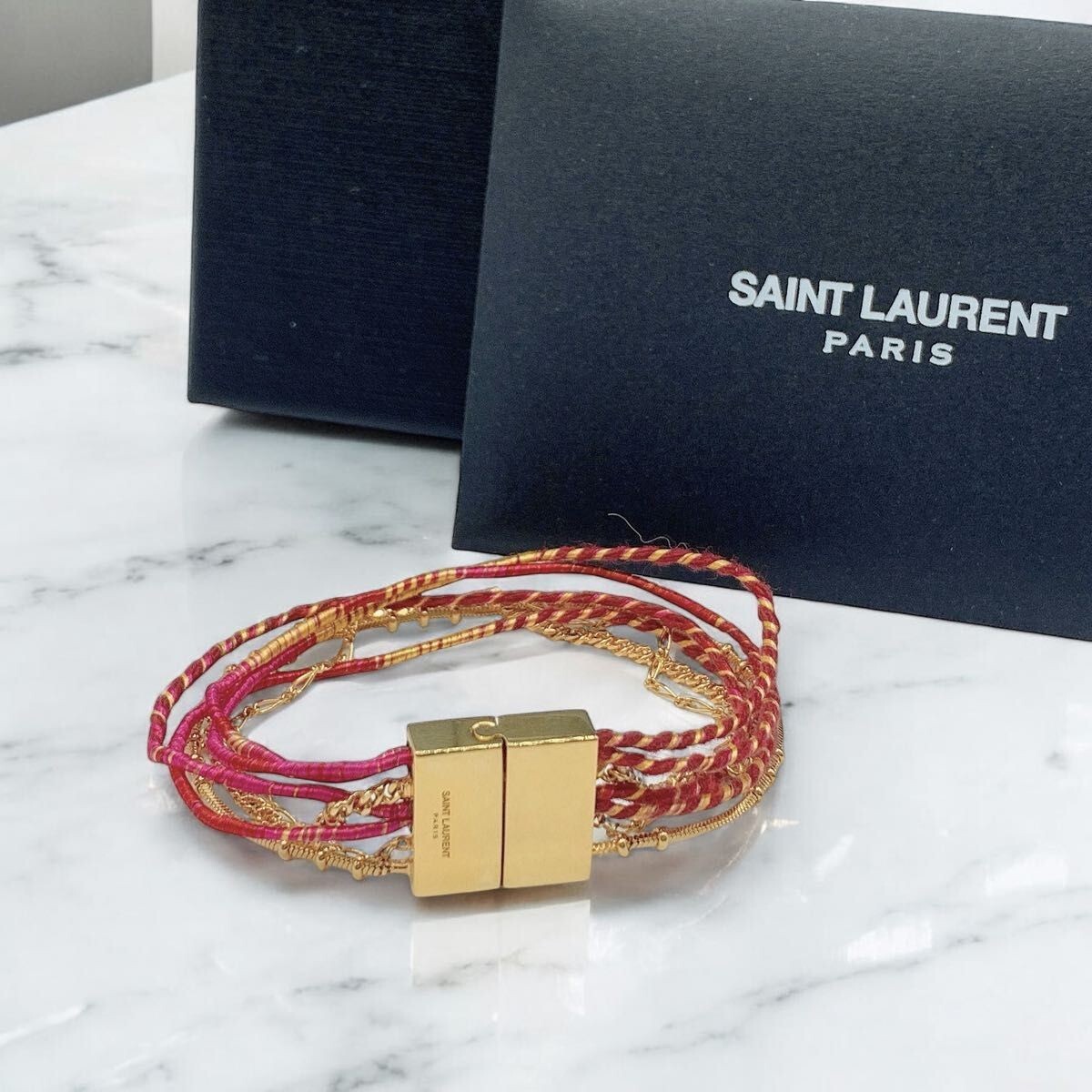 SALE SAINT LAURENT Bracelet Cord & Chain Logo Magnetic Clasp Pink 