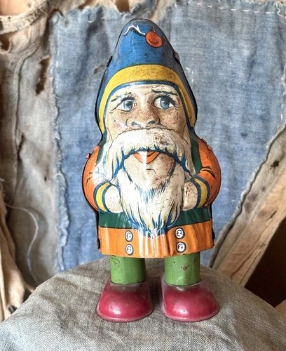 Vintage 1930s Chein U.S.A. ‘Walking Dwarf’ elf tin litho wind up toy working