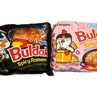 2 packs each of Spicy Ramen Buldak Original & Buldak Carbonara (4 total packs)