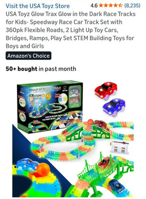 USA toyz STEM glow in the dark race track, 2 light up cars 360pcs flexible track