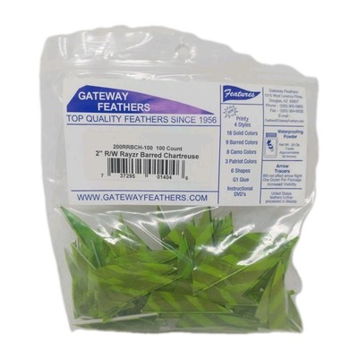 100 Pack Gateway Feathers 2'' Right Wing: Rayzr Faux Barred Chartreuse 200RRBCH