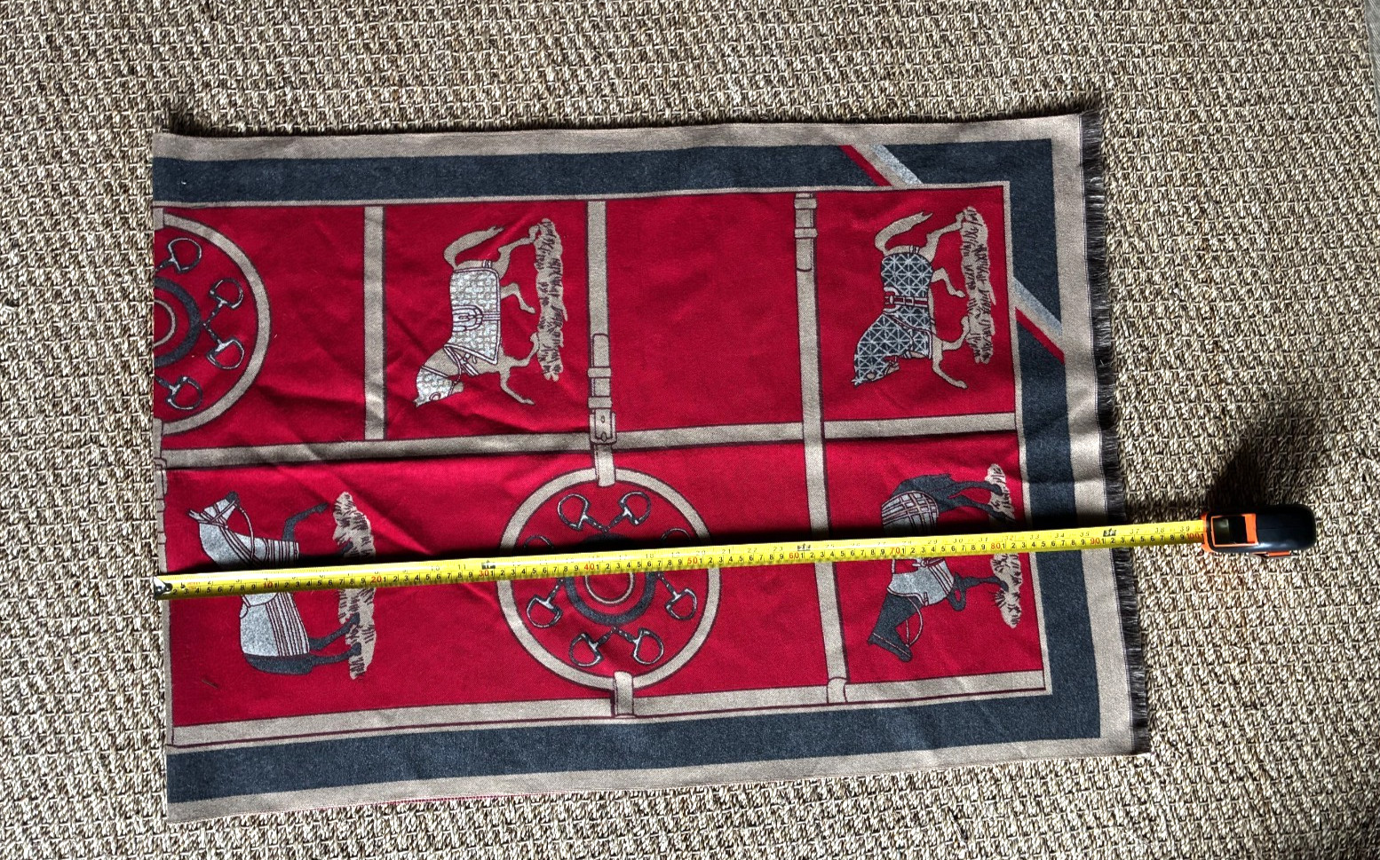 Elegant red patterned scarf featuring an equestri… - image 5