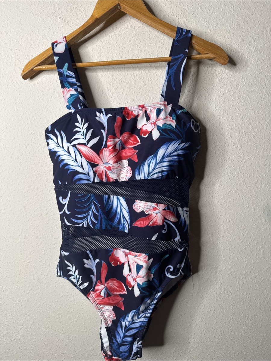 Carmen Marc Valvo Swimsuit Womens 12 Blue Floral Mesh Cutout One Piece Resort