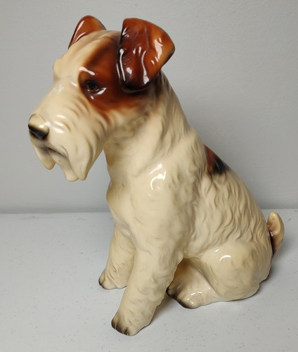 Vintage Ceramic Seated Fox Terrier Dog in Brown and White Royal Crown Japan 9"