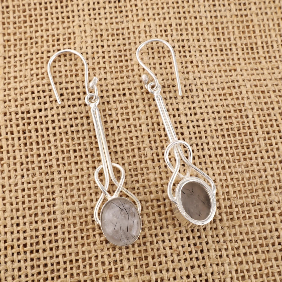 Black Rutile Quartz Gemstone 925 Sterling Silver Handmade Jewelry Earring 1.76" - Image 4 of 4