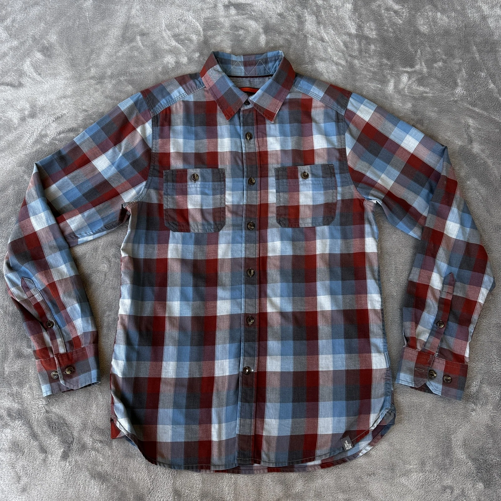 North Face Shirt Mens Small Red Blue Gray Plaid Button Down Long Sleeve Outdoors