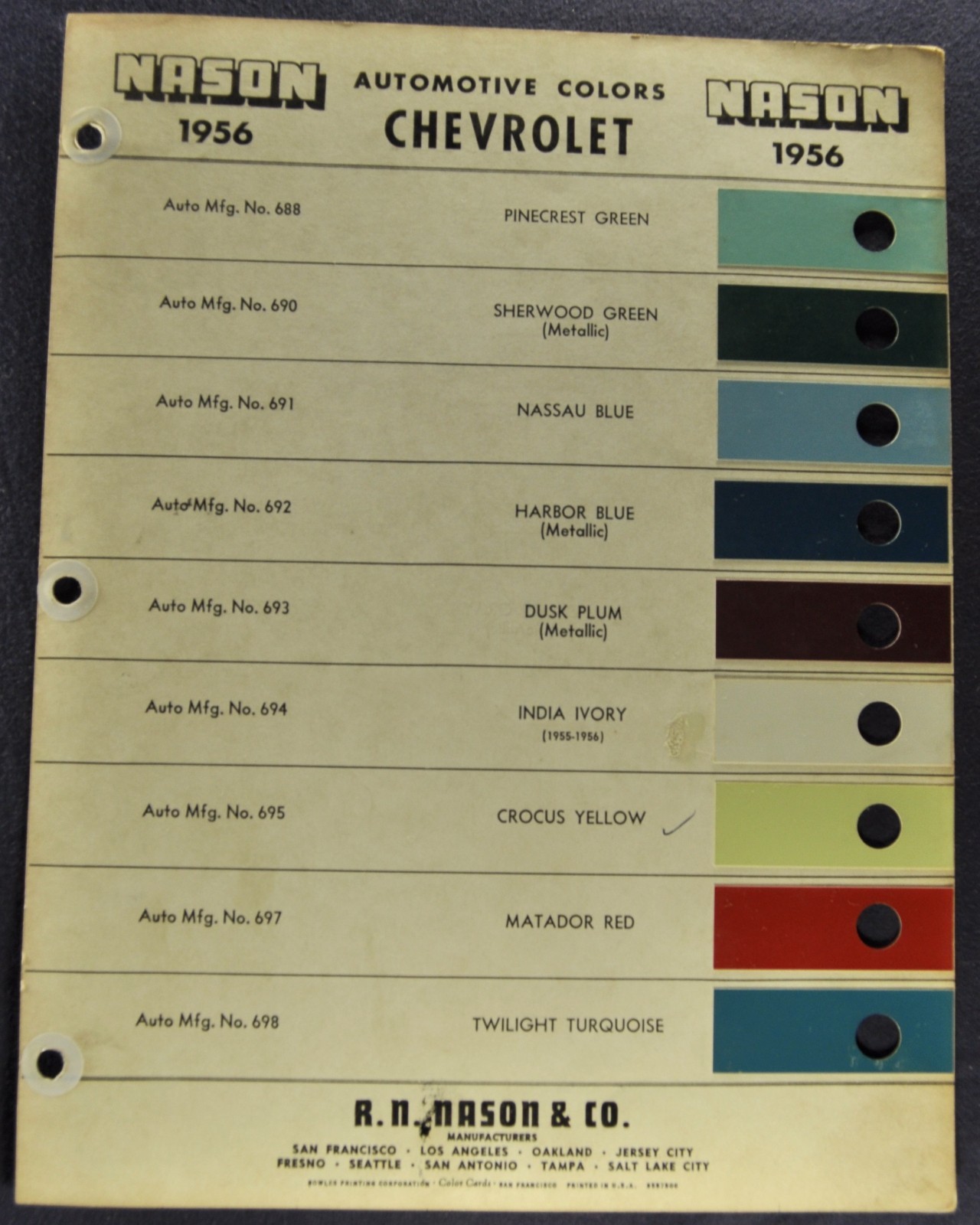 1956 Chevrolet Paint Chip Colors Sheets Belair 210 150 Original 56 | eBay