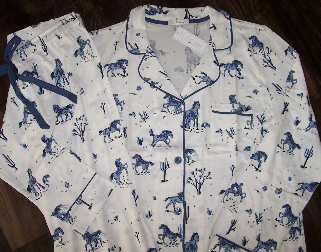 NWT PJ Salvage White/Blue DESERT DAZE HORSES Knit Pajama/Lounge Set Women's M